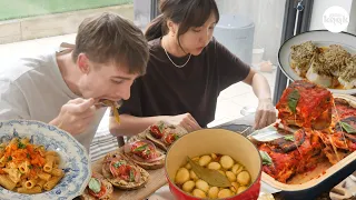 cooking for my family: smoked garlic confit, kimchi pasta,eggplant lasagna, and pepperonata