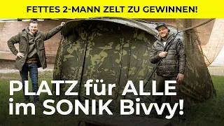 2-Mann Karpfenzelt mit EXTRA Platz 🔎 Sonik AXS Camo Bivvy zu gewinnen! | CAMO-Optik | Innentaschen