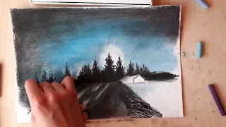 Видеоурок: рисуем сухой пастелью ночной зимний пейзаж за 10 минут