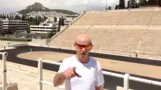 Brush Shiels running at the Panathenaic Olympic Stadium, Athens, Greece.
