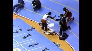 Carl Lewis loses by a hair after an amazing 55m run chase in East Rutherford, NJ 83.