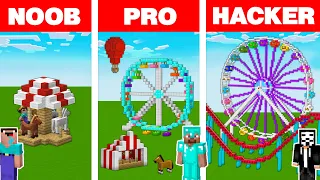 Minecraft NOOB vs PRO vs HACKER: THEME PARK HOUSE BUILD CHALLENGE in Minecraft Animation