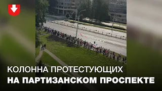 Большая колонна протестующих идет вдоль Партизанского проспекта в сторону центра