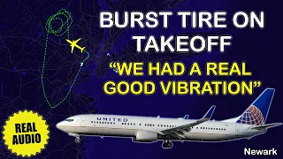 “They found debris”. United Boeing 737-900 blew a tire on takeoff at Newark. Real ATC