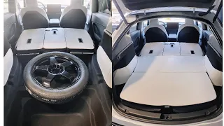 Fitting Modern Spare in Tesla Model Y sub trunk! Floor Lays flat! Making it perfect for car camping!