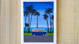 How To Paint a Bus with Palms On The Summer Beach with Gouache - Landscape Drawing Tutorial