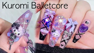 Kuromi Balletcore Nails! Chic Yet Cute 💜 Long-Lasting Nail Art Tutorial/Gel Extensions/Drawing/ASMR