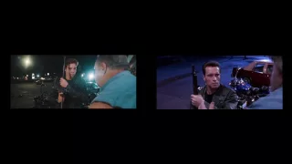 Schwarzenegger and Son Side by Side Comparison recreation scene from Terminator 2