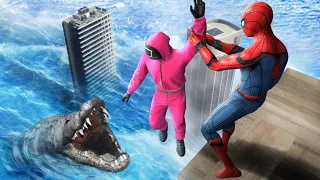 GTA 5 Water Ragdolls | SPIDERMAN and Squid Game Guard vs Alligator (Flooded City)