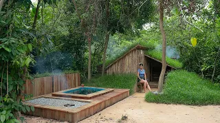 90 Day Alone | Building Log Cabin with Grass Roof And a Swimming Pool
