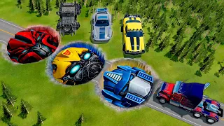 Mega Pits With Bumblebee And Autobot vs Optimus Prime And Big & Small Transformers! BeamNG Battle!