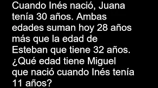 Cuando Inés nació, Juana tenía 30 años. Ambas edades suman hoy 28 años más que la edad de Esteban