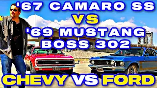 1967 CAMARO vs 1969 MUSTANG BOSS (Part 1) Sports Car Drag Race