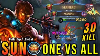 ONE VS ALL!! 30 Kills Sun Hard Carry, Almost SAVAGE!! - Build Top 1 Global Sun ~ MLBB