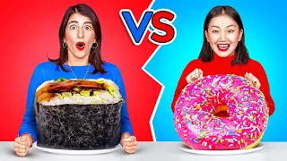 SFIDA DEL CIBO GIGANTE VS QUELLO MINUSCOLO || L’Ultimo a Smettere Vince su 123 GO! CHALLENGE