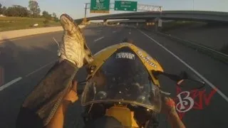 Motorcycle STUNTS Street Bike Stunt Rider Performs Long WHEELIE On Highway Riding Honda CBR600F4i