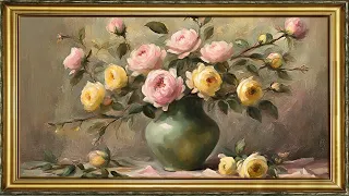 FREE TV ART  SCREENSAVER BACKGROUND FRAMED GARDEN ROSES FLORAL PAINTING NO SOUND WALLPAPER 4K