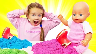 Baby born doll goes for a walk! Kids play with baby dolls. Toys for girls. Family fun video for kids