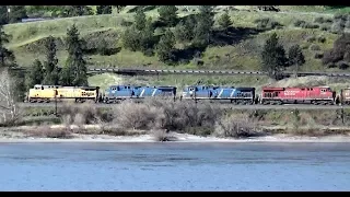 UNION PACIFIC Technology Demonstrator locos with CANADIAN PACIFIC in Columbia river gorge (1 of 2)