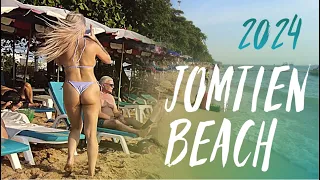 [4K] Beauties on Jomtien beach Pattaya Thailand. Walk on the water before sunset January 2024