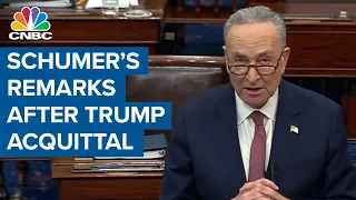 Sen. Majority Leader Chuck Schumer delivers remarks after Trump acquittal