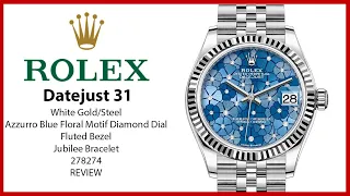 Rolex Datejust 31 White Gold:Steel Azzurro Blue Floral Motif Diamond Dial & Fluted Bezel - REVIEW
