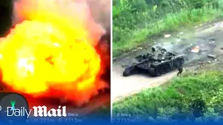 Russian tank drives straight into mines laid by their own troops and exploded in ball of flames