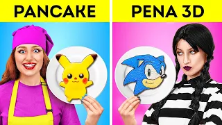 TANTANGAN SENI PENA 3D VS PANCAKE SERU || Wednesday vs Pikachu! Ide DIY Keren oleh 123 GO!