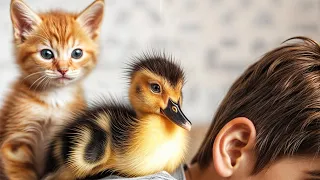 Funny cute.Kitten is angry when the duckling gets to sleep with the boy.Hold tight and sleep happily