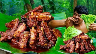 Pork Ribs Honey Recipe | Fried Braise Pork Ribs Honey Cooking In Forest