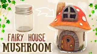 🍄 Mushroom House Made with Clay Over Glass Jar 🍄 (diy air dry clay)