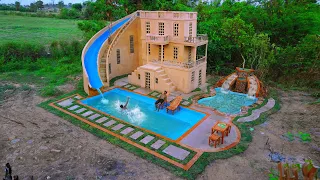 Build Most Creative Water Slide With Underground Swimming Pool & Villa Aquarium Artificial Waterfall