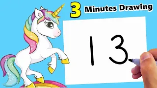 HOW TO DRAW UNICORN WITH NUMBER 13 EASY IN 3 MINUTES