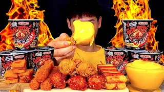 ASMR 파이어 고스트페퍼🔥소떡소떡 새우스틱 멘보샤 닭다리 치즈소스 찍먹방! Ghost Pepper Noodles With Chicken Legs Menbosha MuKBang!