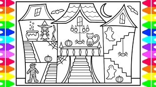 HAPPY HALLOWEEN 🧡🖤 How to Draw a Halloween House with Halloween Characters for Kids 🎃👻🕷💜💚🖤