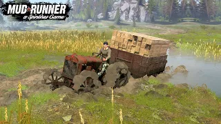 Spintires MudRunner - FORDSON Old Tractor With Trailer In Mud