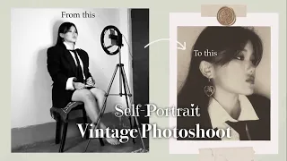 self portrait vintage photoshoot🎥black&white vlog🎞diy photoshoot/at home photoshoot