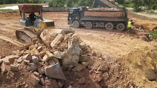 Super Skill Komatsu Dozer D61EX Ft D65E Push Stone To Filling Up Big Landscape With Big Dump Trucks