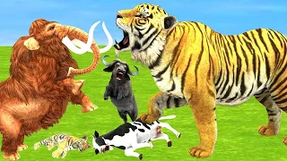 African Elephant Vs 3 Giant Tigers Lion Attack Camel, 4 Zebra Saved by Woolly Mammoth Vs Tiger Lion