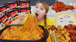 ASMR Mukbang Fire Spicy Noodles 불닭볶음탕면🍜 먹방! 치즈 치킨 떡볶이 Buldak noodles chicken Eating show | HIU 하이유