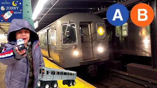 Johny's MTA Train Ride On A and B subway Train & Munipals A and B Wooden Train Toy Unboxing