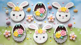 Easter Bunny Flower Wreath & Basket Weave Cookie ~ Learn to pipe BURLAP / WICKER Pattern with icing