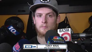 Torey Krug on missed tripping call on Acciari: 'It's a penalty everytime'