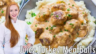 JUICY Turkey Meatballs with Mushroom Sauce!! The BEST Meatballs Recipe!!