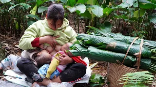 How does a single mother raise two children, Picking dong leaves to sell, Young mother's joy