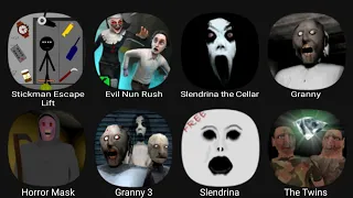 Stickman Escape Lift, Evil Nun Rush, Slendrina The Cellar, Granny, Horror Mask, Granny 3...