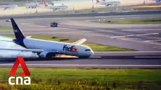 FedEx Airlines Boeing 767 cargo plane lands on nose at Istanbul Airport