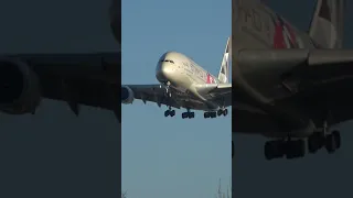 Etihad Airways Airbus A380 - 861 lands at London Heathrow Airport (LHR)