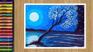 How to draw moon light scenery with oil paste/for beginners step by step