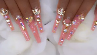 Peachy Glitter XXL Coffin Acrylic & Gel Makartt x Femi Beauty Nails Bling Tutorial - New Blog!